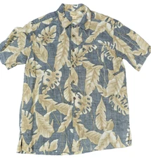 Panama Jack Hawaiian Button Up Shirt Mens M Gray Floral Short Sleeve