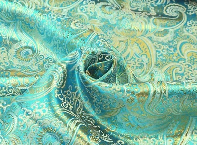 MARKENLOS LUREX JACQUARD Stoff Brokat Paisley Kostüme Theater TÜRKIS GOLD EUR 16,98/m