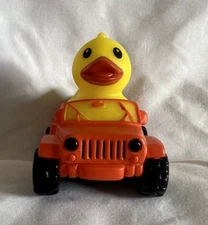 Yellow Rubber Duck in a  Orange Squeaking Jeep Ducking 2.8" Dashboard Ornament
