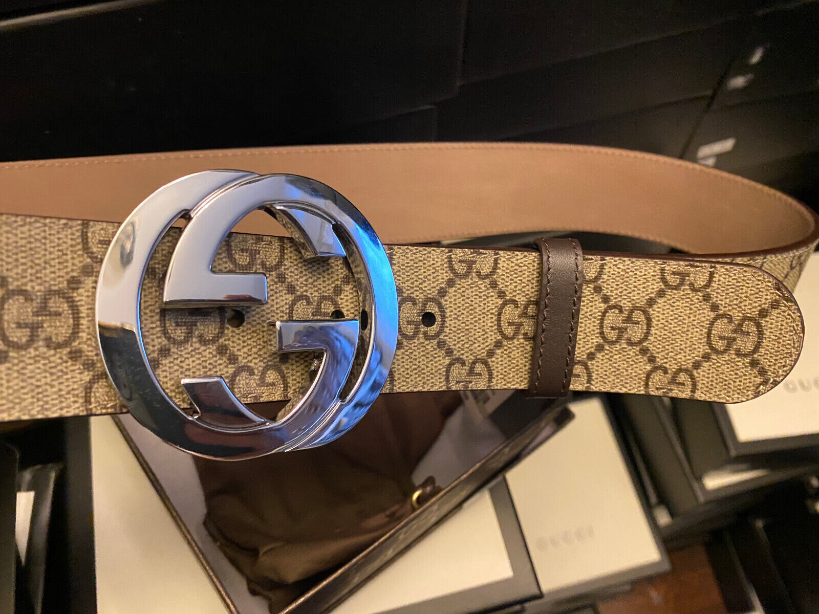 Authentic GUCCl GG Mono Brown Belt with Silver Buckle Size 100/40