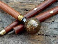 Walking Stick Globe Head Handle Nautical Brass Three Fold Wooden Cane CHRISTMAS