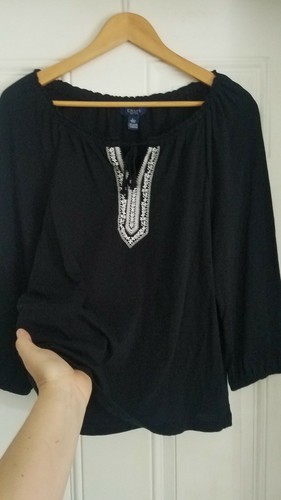 Women's Chaps 100%Cotton Black Embroidered Incredibly Soft Stylish Knit Blouse L - Picture 8 of 12