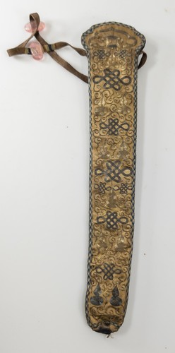 Antiguo soporte para palillo abanico bordado seda china doble calabaza nudo sin fin - Imagen 6 de 8