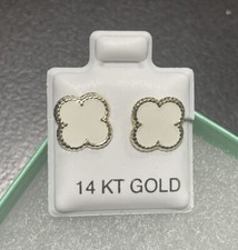 14K Yellow Gold Four Leaf White Flower Stud Earrings With Safety Backing