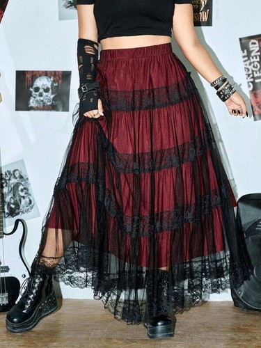 W GOTH ROMWE PUNK PLUS BLACK RED CONTRAST LACE MESH OVERLAY FULL MAXI SKIRT 2XL