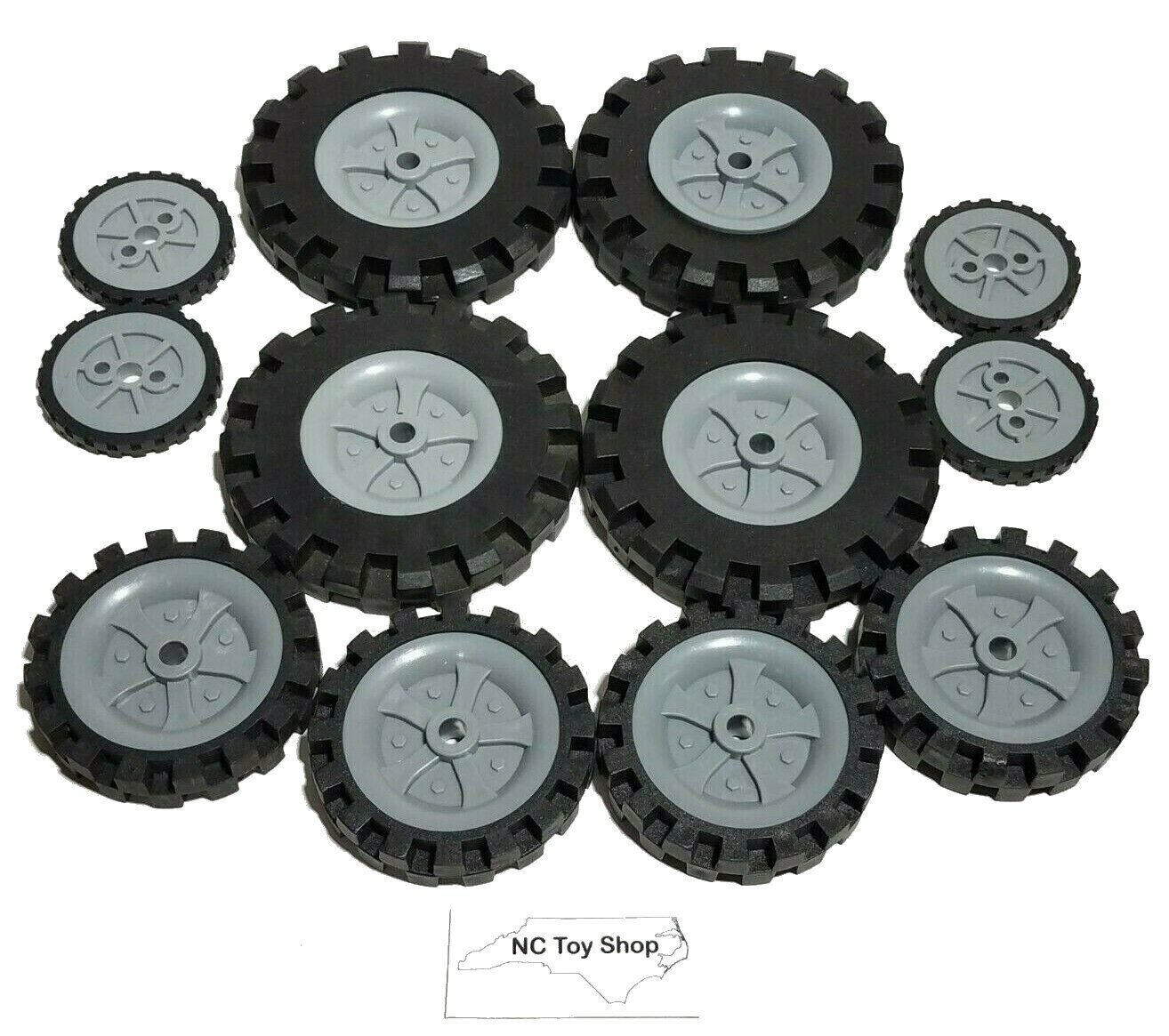 12 KNEX Wheels Small Medium Large Tire w/ Gray Pulley Hub Rim Parts Piece K'NEX