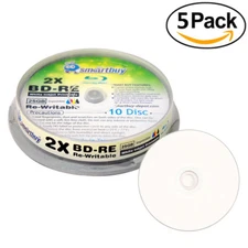 50 Smartbuy 2x 25GB Blu-ray BD-RE Rewritable White Inkjet Hub Printable Disc