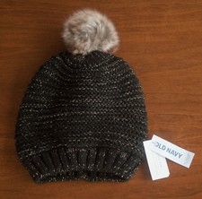 NEW Old Navy Girls Size M Black Gold Sparkle Knit Hat Faux Fur Pom Pom