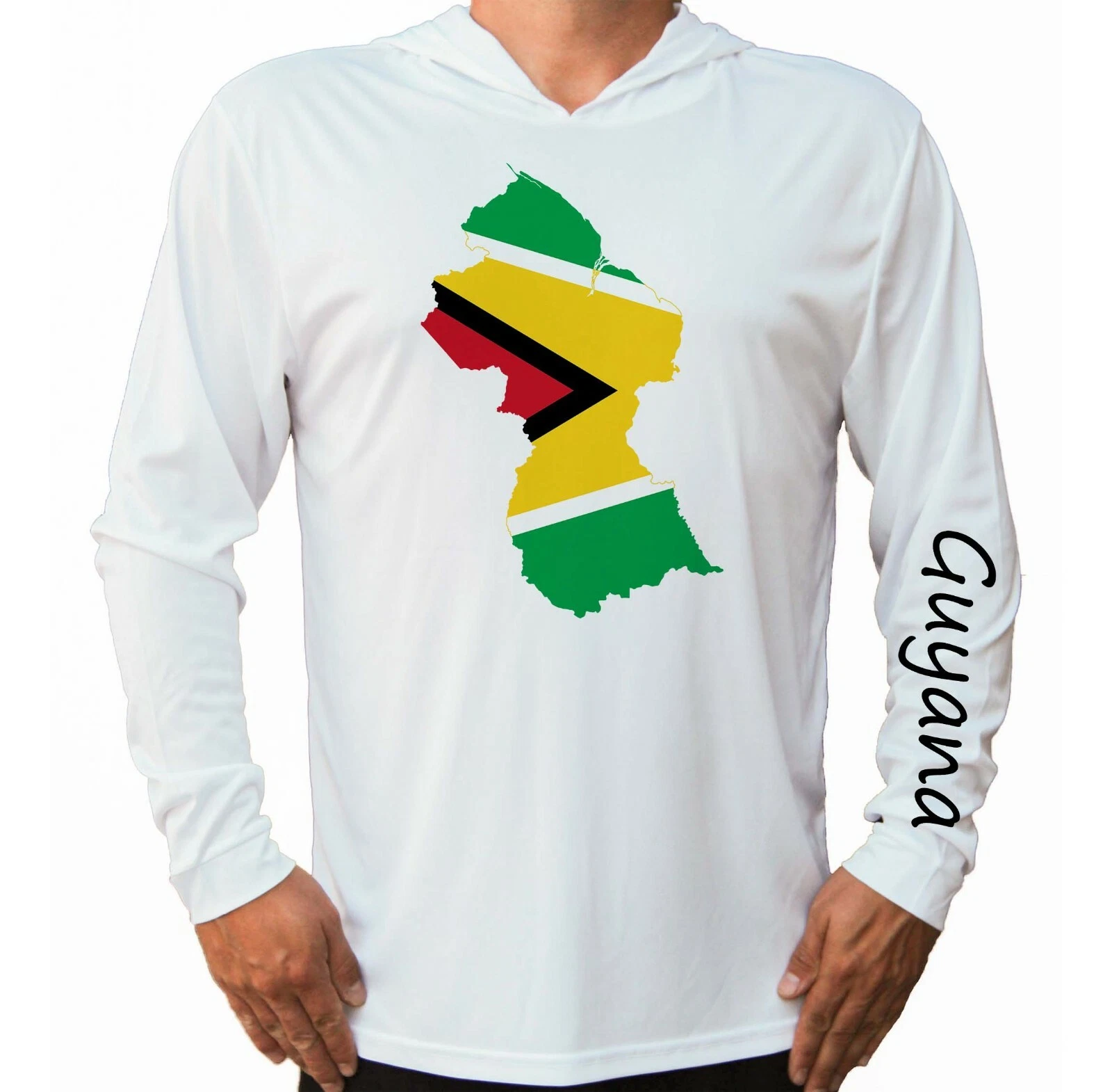 Guyana Flag Map UV Protect UPF 50 Long Sleeve T-Shirt Hood Fishing