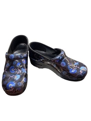 Dansko wms black blue floral leather nursing mules clogs sz 38/7.5-8 SKU 10-213