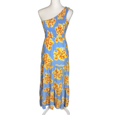 Abel The Label Womens Blue Floral One Shoulder Smocked Tiered Maxi Dress Size S