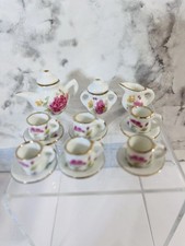 Set Of 17 Miniature Porcelain Pink Floral Tea Set For Dollhouse Crafting