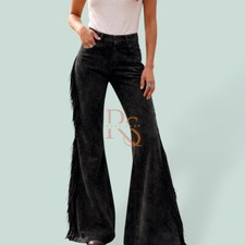 Women  s Lambskin Suede Leather Pants High Waist Wide Leg Fringe Black Boho