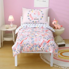 Pink Unicorns Floral Toddler Bedding Set for Girls, 4 Piece Reversible Lightw...