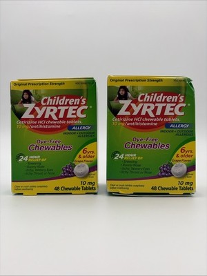 Zyrtec Children's 10mg Dye-Free Allergy 48 Grape Chewable Tablets Exp 2/27+ X 2
