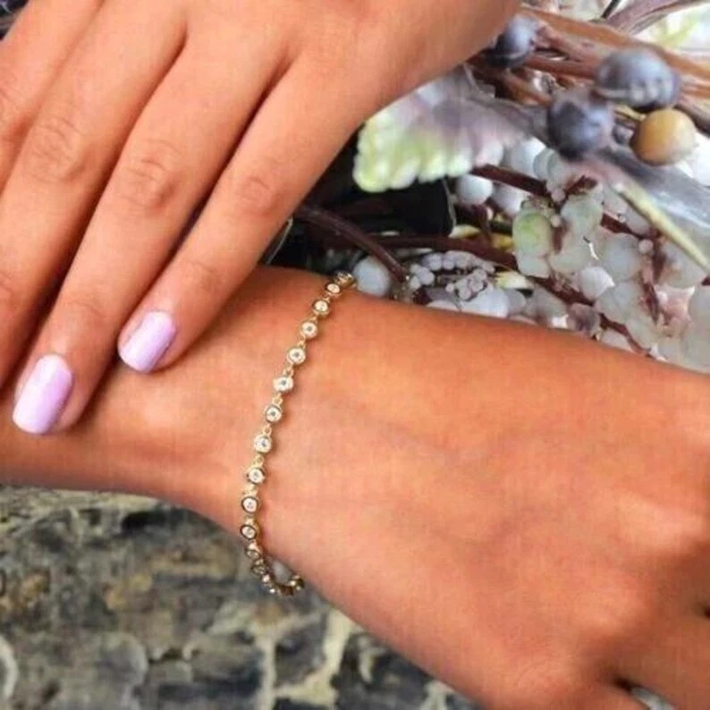 4Ct Round Lab Grown Diamond Bracelet Bezel Set 14K Yellow Gold Over F VS1 7.5" - Image 2 of 3