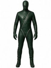 Men's Green Genuine Leather Hooded Bodysuit Quilted Full Body Costume Catsuit
