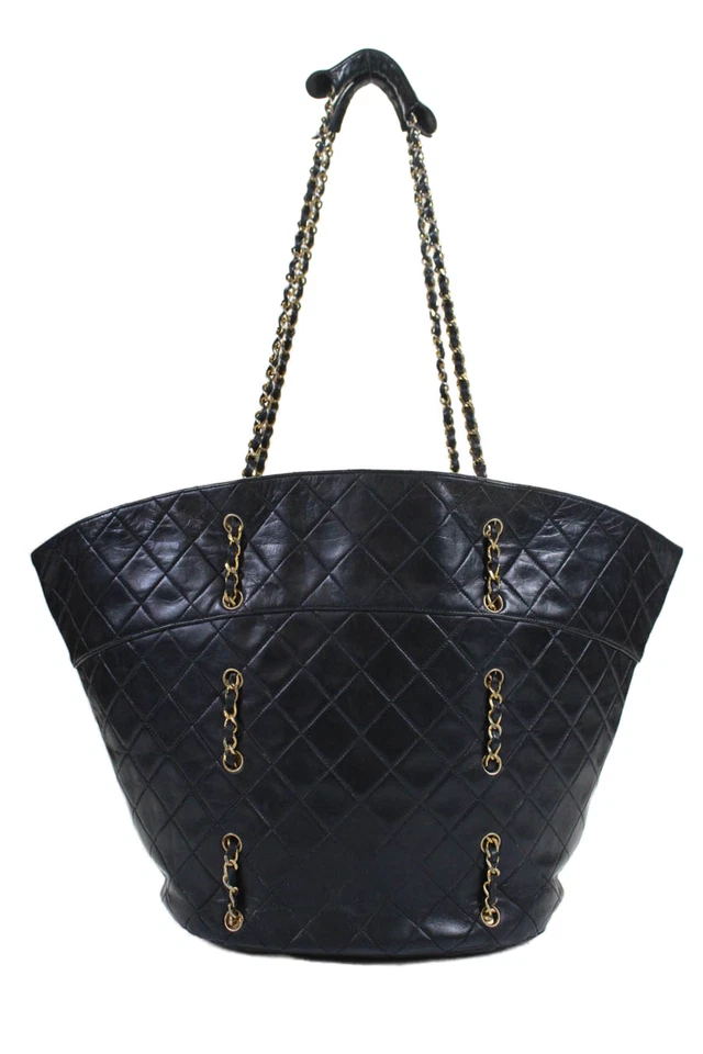 Chanel Mujer Cuero Acolchado Cadena Correa Cesta Bolso de Mano Negro Foto 4 de 4