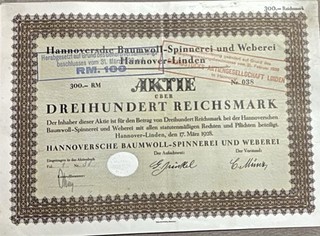Hannoversche Baumwoll Spinnerei und Weberei Hannover Linden 300 RM 1928