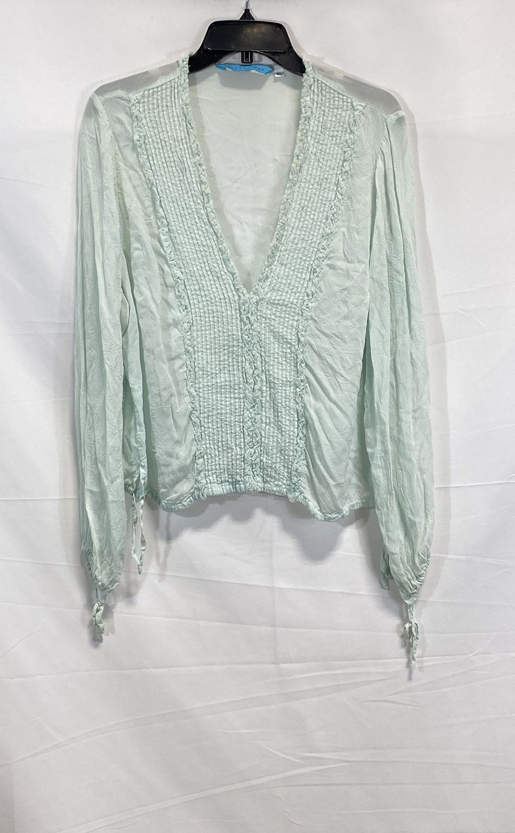 李 Johnny Was Women's Blouse Top Mint Green Smocked Shirred V-Neck