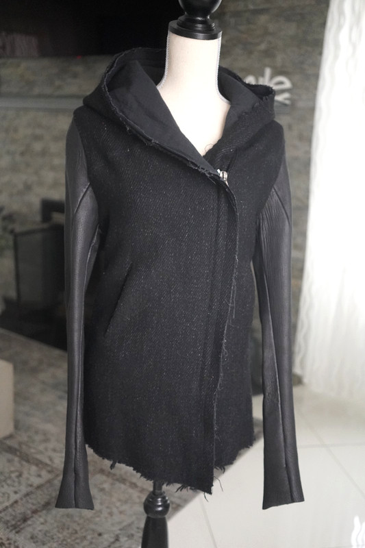 10sei0otto Italian Black Wool Blend Leather Sleeves Hooded Jacket Women's S-M