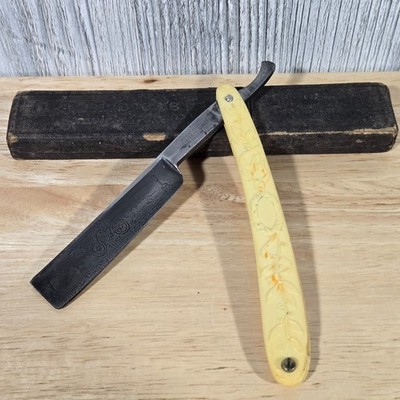 Vtg Antique Imperial Straight Razor Warranted Germany Etched Blade w/ Case