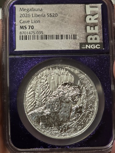 *MEGAFAUNA* 2026 Liberia $20 Cave Coin GRADED MS70  .9999 FINE SILVER 