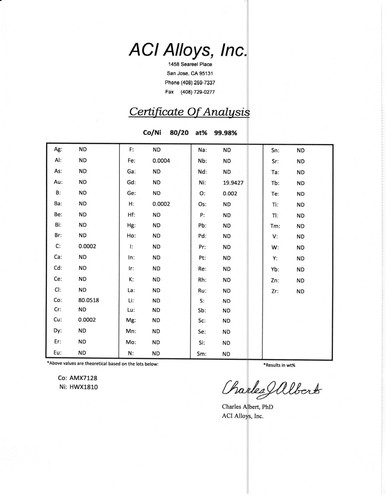 Objetivo de pulverización Co/Ni 80/20 al 99,98 % cobalto/níquel 2" Ø x 0,15" de espesor - Imagen 2 de 2