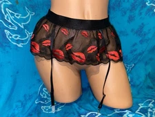 NWOT Unbranded Sheer Black Lace Skirt Red Embroidered Lips Kiss Garter Belt L