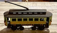 CAST IRON Metal TRAIN TROLLEY STREET CAR w/ HOOK Painted VINTAGE