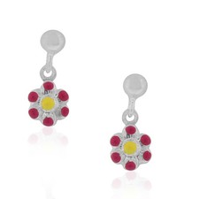 925 Sterling Silver Pink Enamel Flower Girls Dangle Drop Earrings, 0.60"