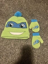 Nickelodeon Teenage Mutant Ninja Turtles Leo TMNT Kids Cap Pom Hat Mittens EUC
