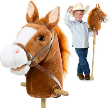 Plush Hobby Horse with Sounds and Wooden Wheels for Kids, 36" Dark Brown