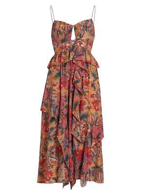 ULLA JOHNSON Paisley Floral Print Ruffle Ruched Cut-Out Cocktail Dress 8 = M  