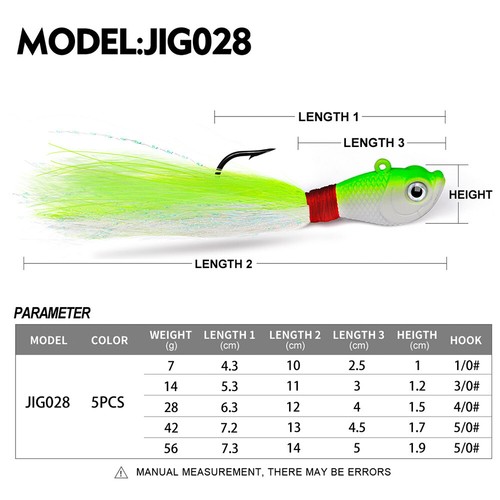 5PCS Bucktail Jigs Fluck Lures Lead Teaser Jig Head Fishing Lures Bass 1/4oz-2oz - Picture 18 of 20