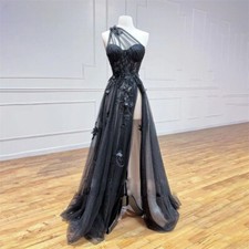 Elegant A-line Ball Dresses One Shoulder Side Slit Lace Applique Evening Gowns