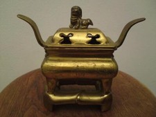 Chinese gilt bronze  fang ding incense burner censer and cover with stand