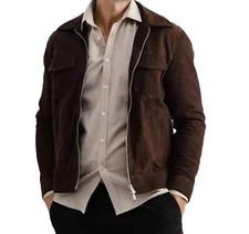 New Men's Brown 100% Real Suede Leather Designer Biker Party Zipper Suede Jacket