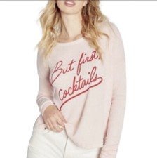 Wildfox But First Cocktails Womens Sweatshirt Size XS Pink Oversized Side Slits