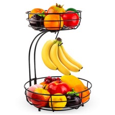 Fruit Racks 2 Tier Fruit Basket with Banana Hanger Detachable Fruit Bowls Black