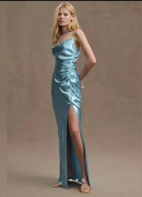 sachin and babi blue dress NWT Sachin & Babi Jennings Ruched Hammered Satin Side-Slit Gown Blue Dress  Sz 6