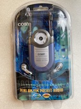 COBY CX-7 Blue MINI AM/FM POCKET RADIO with NECK STRAP and Earphones