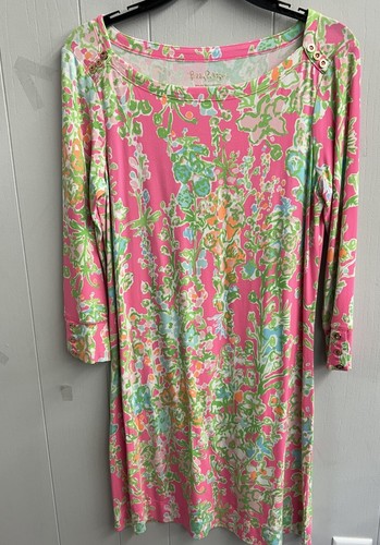 Lilly Pulitzer Dress. Pink With Colorful Florals. Gold Buttons. Size Med. NWOT