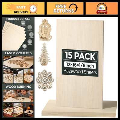 15 Pack Basswood Sheets 12''x16'' 1/8'' Plywood for Laser Cutting & Crafts, Unfinis