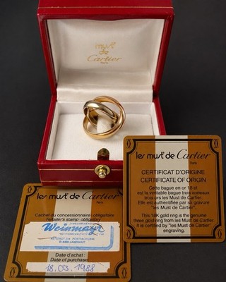 Cartier Trinity Ring 18K 750 Gold Vintage Full Set Box Zertifikat 1988 Gr. 48