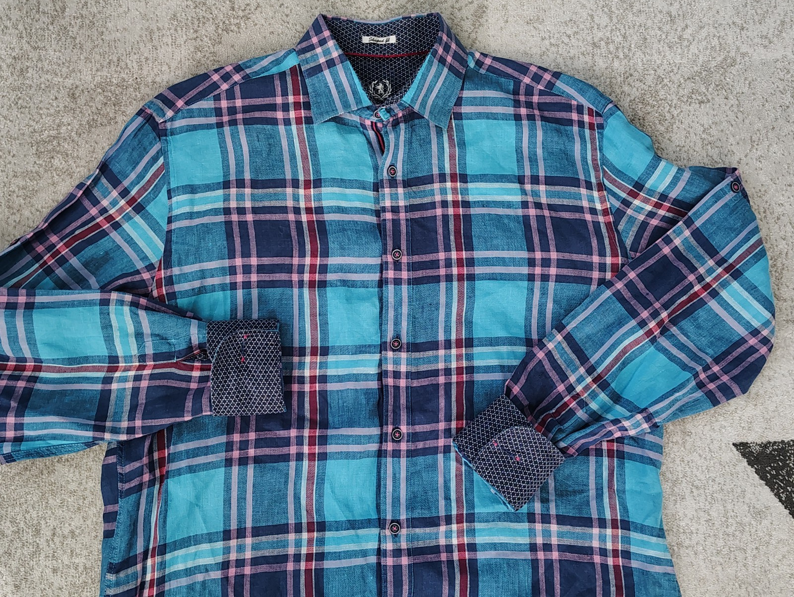 BUGATCHI Turquoise & Pink PLAID Mens LINEN Shirt Classic Shaped Fit L ...