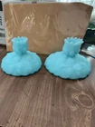 Vintage Fenton Blue Satin Glass Water Lily Frosted Candle Holders Set of 2