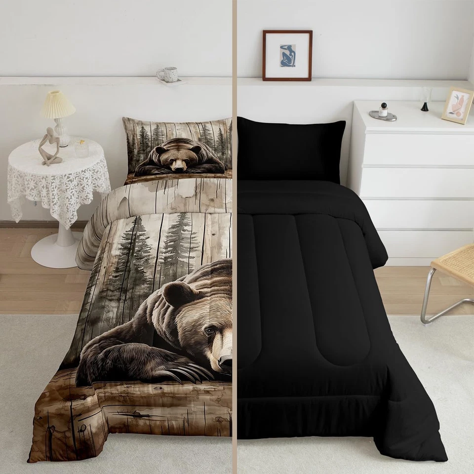 Juego de cama completo de oso pardo caza animales salvajes edredón rústico granja Foto 4 de 4