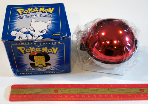 Pokemon 23k Gold Plated Mewtwo Trading Card Pokeball 1999 Box w Wear -Sealed Bag - Picture 3 of 12