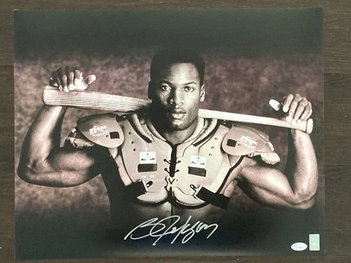 Bo Jackson Signed 16x20 Photo”Bo Knows” Shoulder Pads, Bat. JSA. NEW HOF